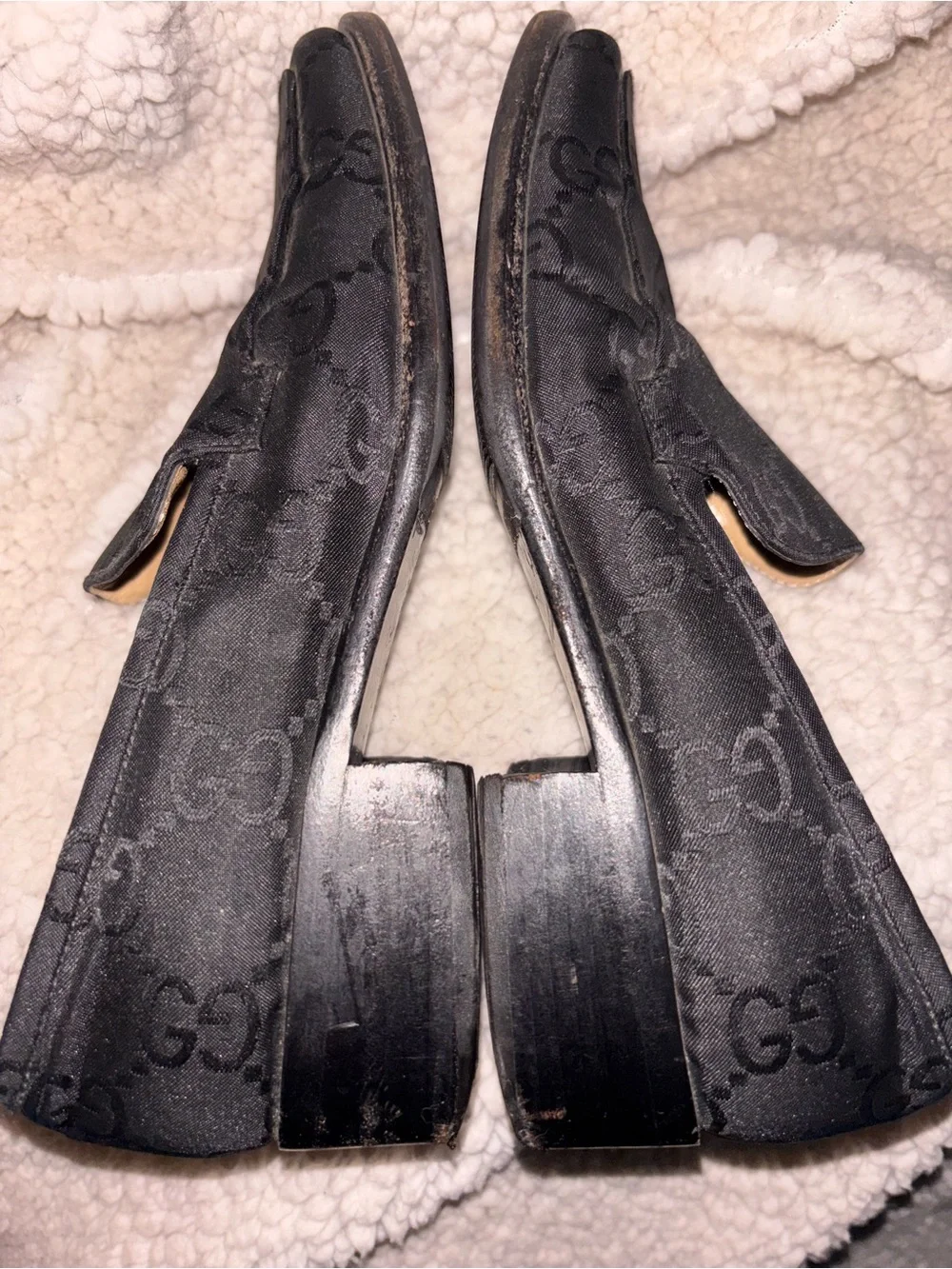 Gucci Vintage GG Monogram Black Fabric Block Heel Pumps Loafers Size 4 Italy
